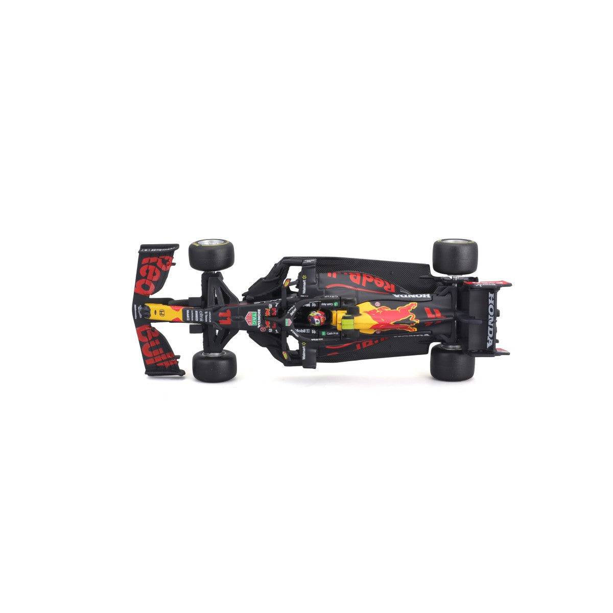 Top-down view of the Bburago 1:43 F1 Red Bull Racing RB16B #11 Sergio Perez model, highlighting the car's sleek shape and detailed livery.