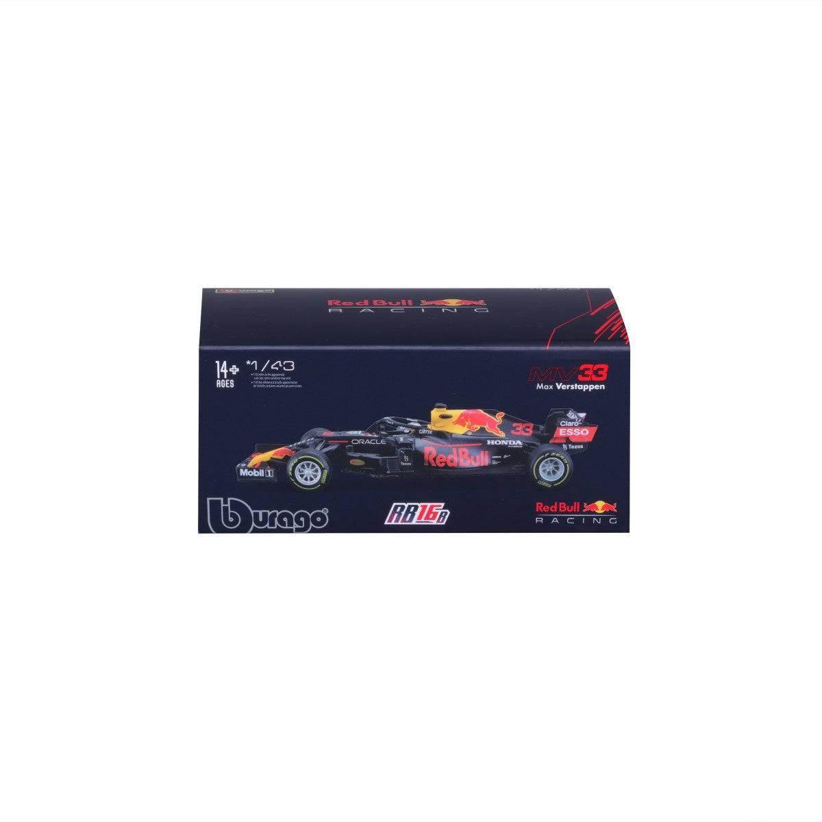 Packaging of Bburago 1:43 F1 Red Bull Racing RB16B #33 Max Verstappen model, featuring Red Bull Racing branding and product details.
