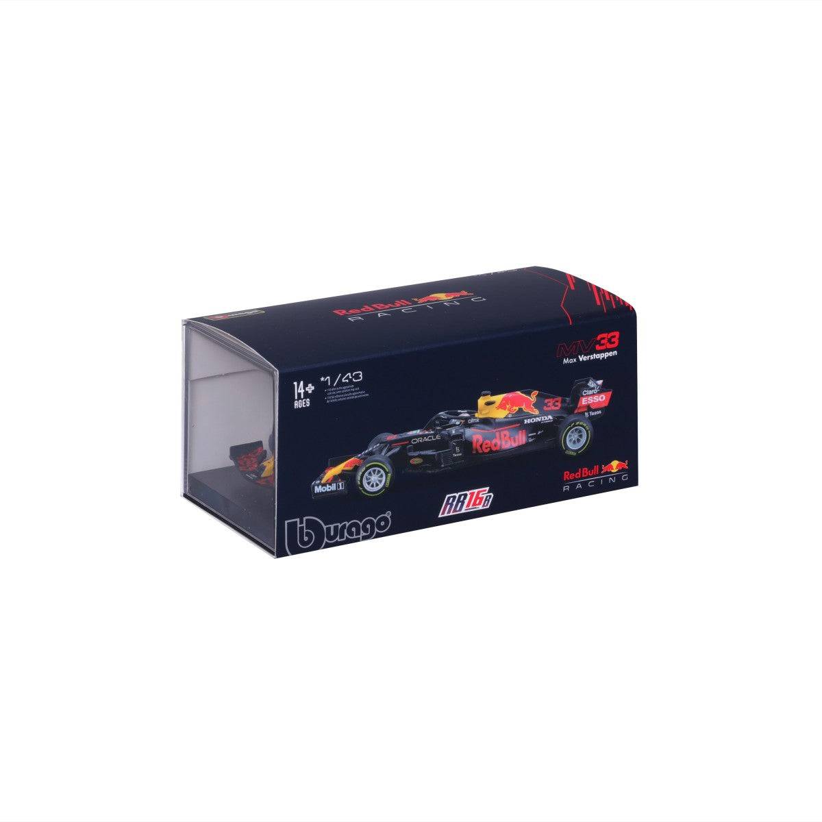 Side packaging view of Bburago 1:43 F1 Red Bull Racing RB16B #33 Max Verstappen model, showcasing the diecast car inside a collector’s box.