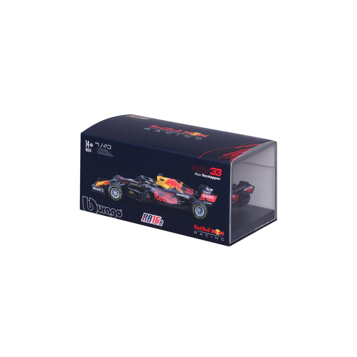 Bburago 1:43 F1 Red Bull Racing RB16B #33 Max Verstappen model in display box, ideal for collectors and F1 enthusiasts.