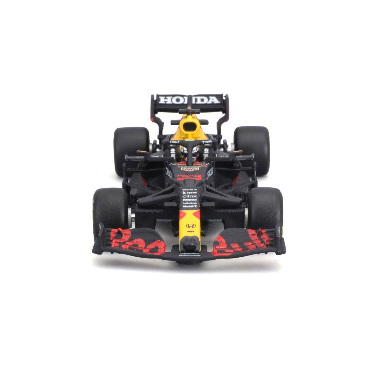 Front view of Bburago 1:43 F1 Red Bull Racing RB16B #33 Max Verstappen model, displaying intricate front wing and aerodynamic design.