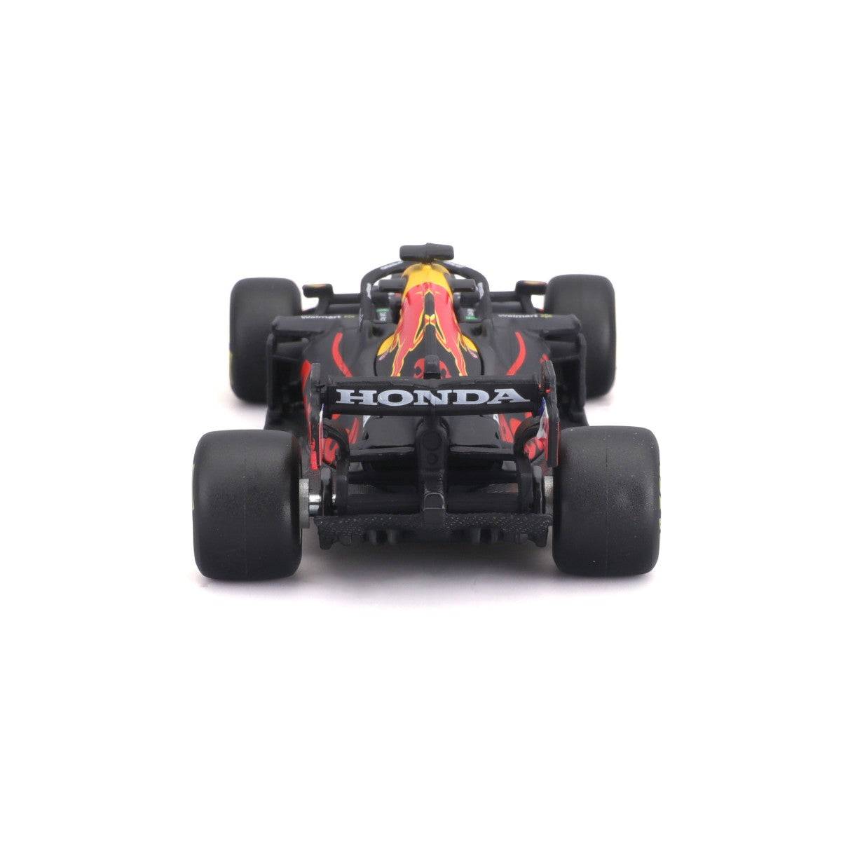 Rear view of Bburago 1:43 F1 Red Bull Racing RB16B #33 Max Verstappen model, featuring Honda branding and detailed rear wing.