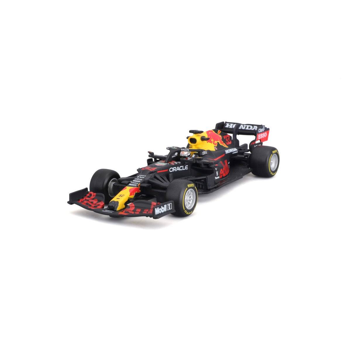 Angled view of Bburago 1:43 F1 Red Bull Racing RB16B #33 Max Verstappen model, showing realistic cockpit and sponsor decals.