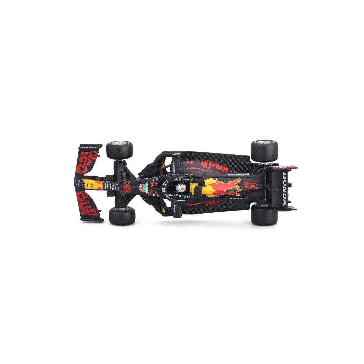 Top-down view of Bburago 1:43 F1 Red Bull Racing RB16B #33 Max Verstappen model, highlighting aerodynamic shape and Red Bull graphics.