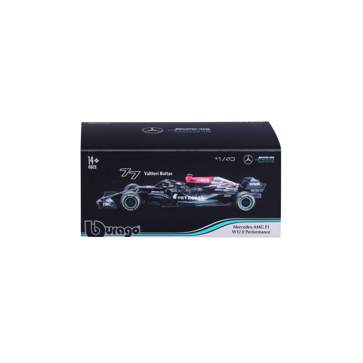 Bburago 1:43 F1 Mercedes-AMG W12 E Performance #77 Valtteri Bottas packaging, featuring car illustration and branding on a black box.