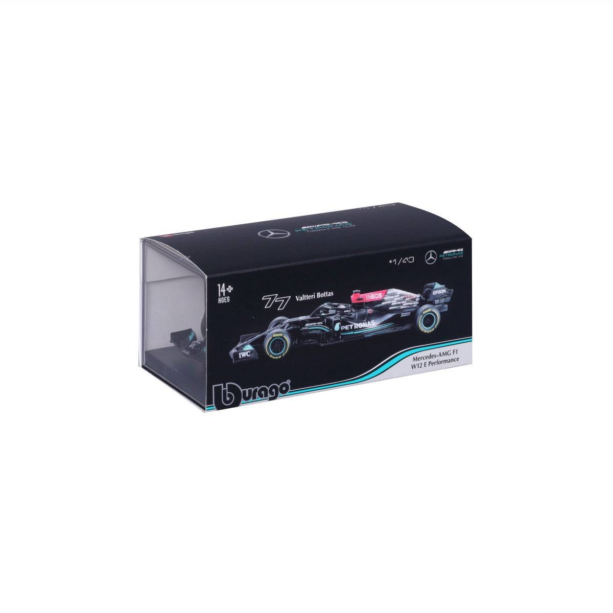 Angled view of Bburago 1:43 F1 Mercedes-AMG W12 E Performance #77 Valtteri Bottas packaging with clear display window and branding.