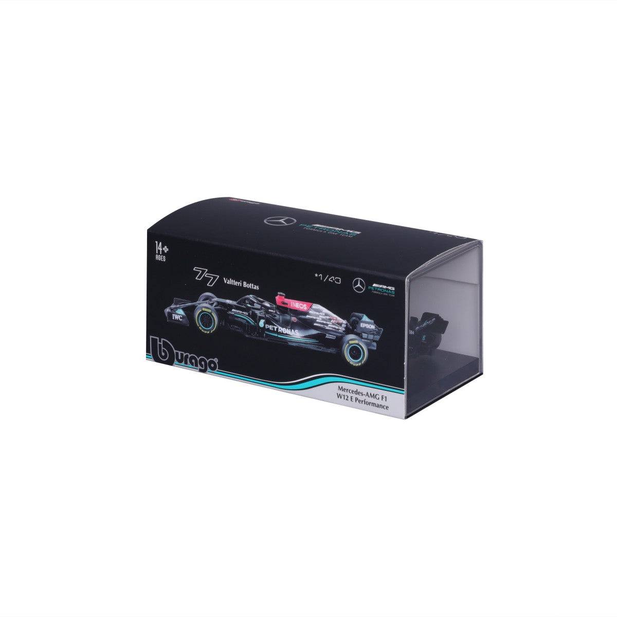 Side-angled view of Bburago 1:43 F1 Mercedes-AMG W12 E Performance #77 Valtteri Bottas packaging, showcasing product details and branding.