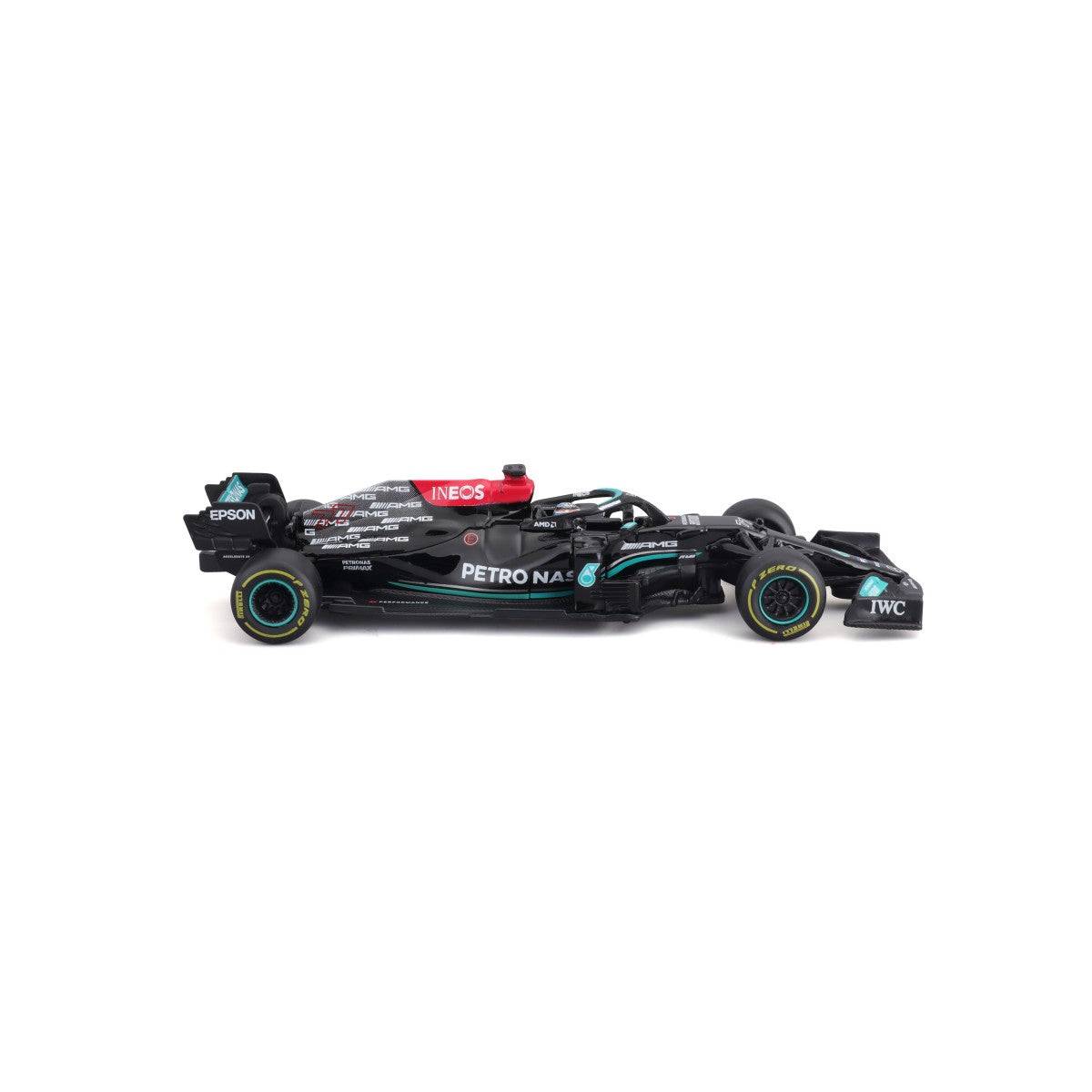 Left side profile of Bburago 1:43 F1 Mercedes-AMG W12 E Performance #77 Valtteri Bottas, highlighting sleek bodywork and tire details.