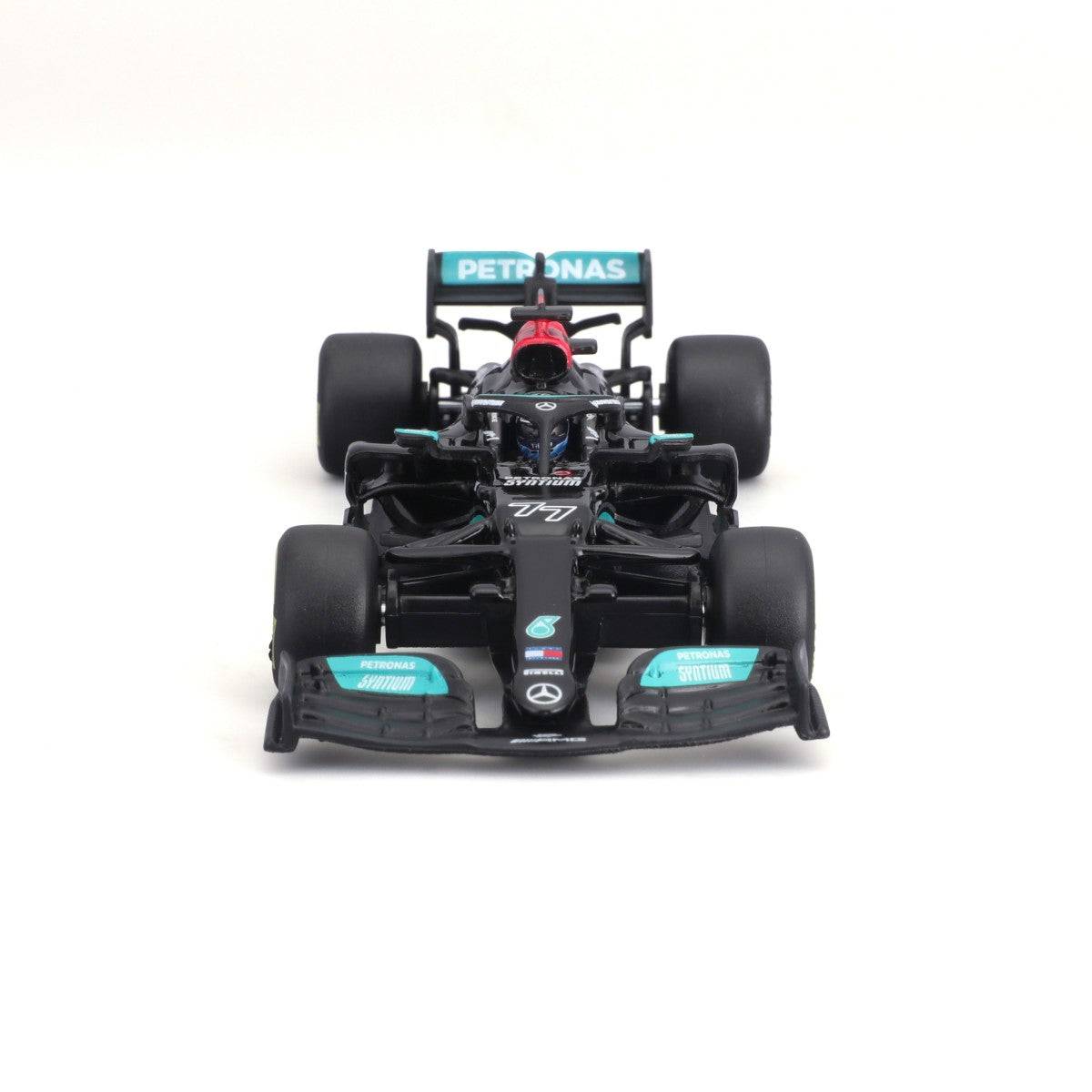 Front view of Bburago 1:43 F1 Mercedes-AMG W12 E Performance #77 Valtteri Bottas, displaying front wing, branding, and cockpit details.