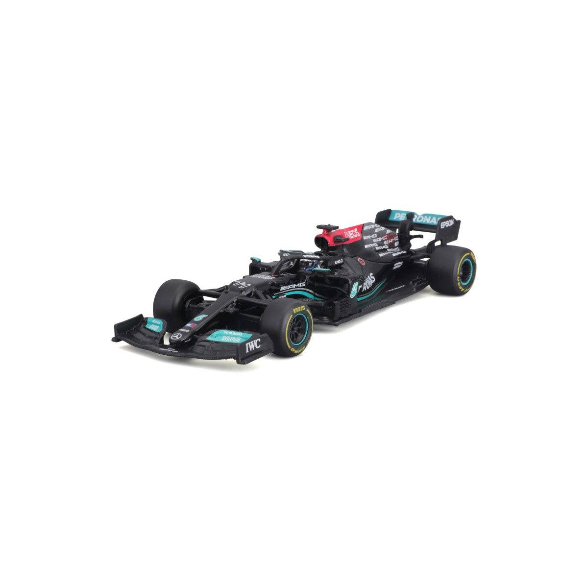 Angled front-left view of Bburago 1:43 F1 Mercedes-AMG W12 E Performance #77 Valtteri Bottas, emphasizing aerodynamic shape and sponsor decals.