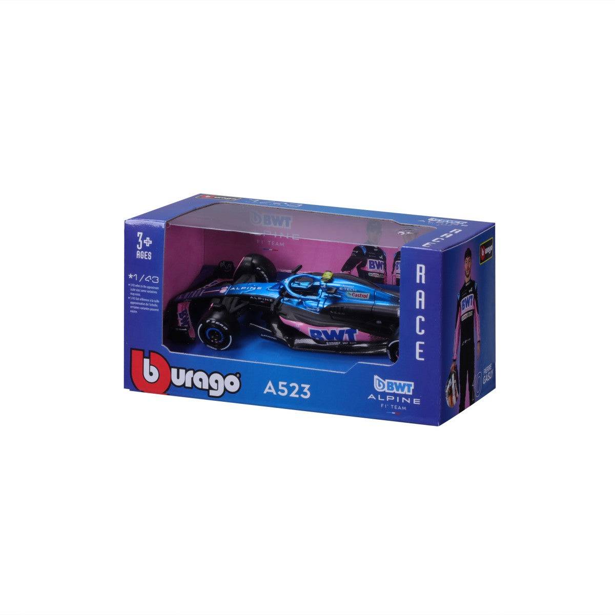 Angled view of Bburago 1:43 F1 Car Model 2023 BWT Alpine F1 Team A523 #10 in box. A high-quality diecast model for racing fans.