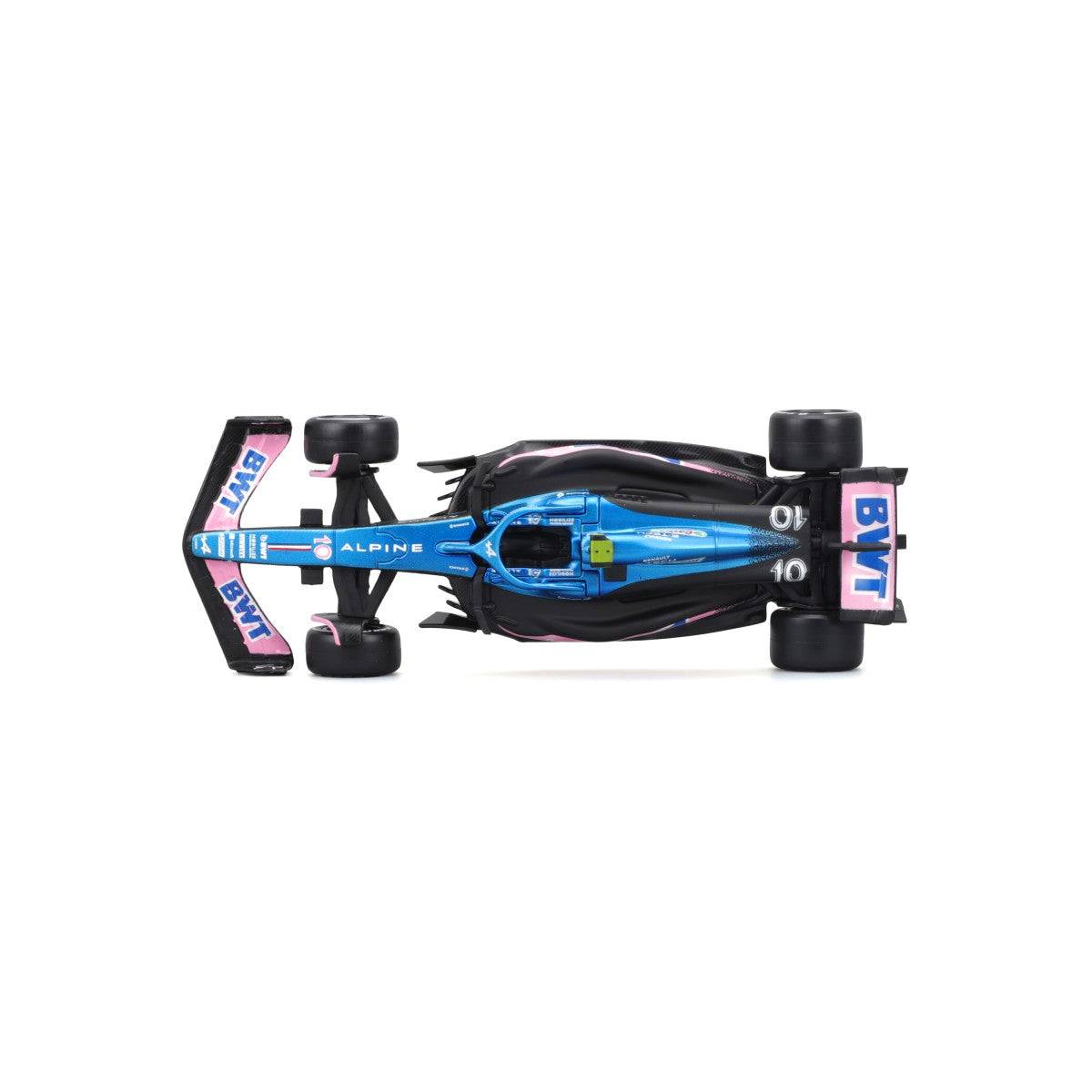 Top-down view of Bburago 1:43 F1 Car Model 2023 BWT Alpine F1 Team A523 #10. Features intricate details and authentic Alpine F1 livery.
