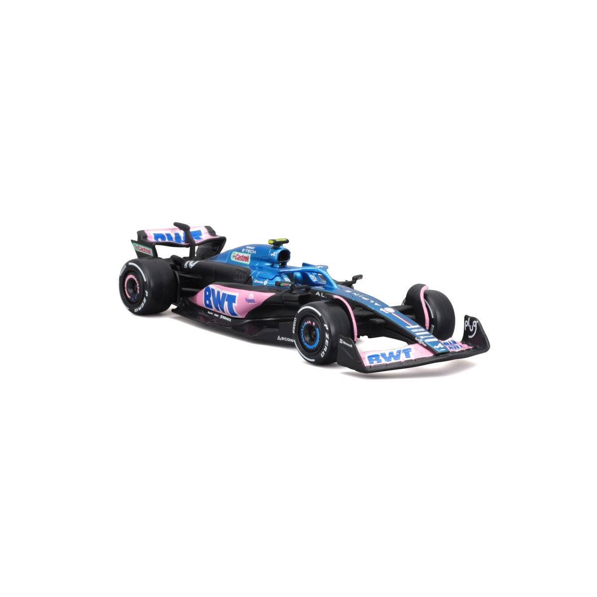 Angled front-left view of Bburago 1:43 F1 Car Model 2023 BWT Alpine F1 Team A523 #10. A detailed diecast model for racing enthusiasts.