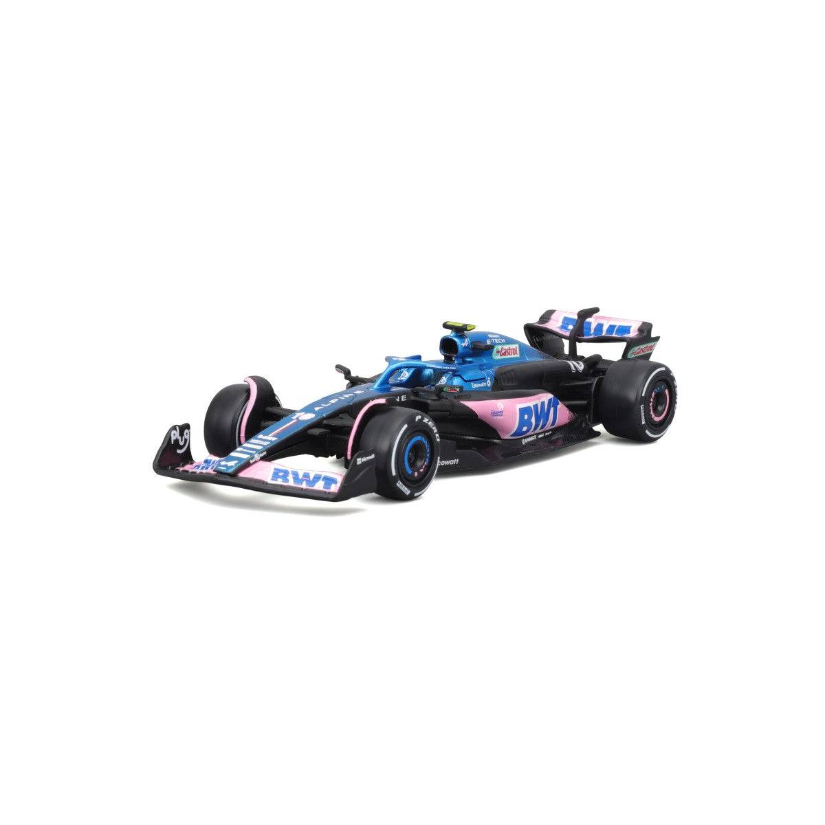 Angled front-right view of Bburago 1:43 F1 Car Model 2023 BWT Alpine F1 Team A523 #10. A high-quality collectible for Formula 1 fans.