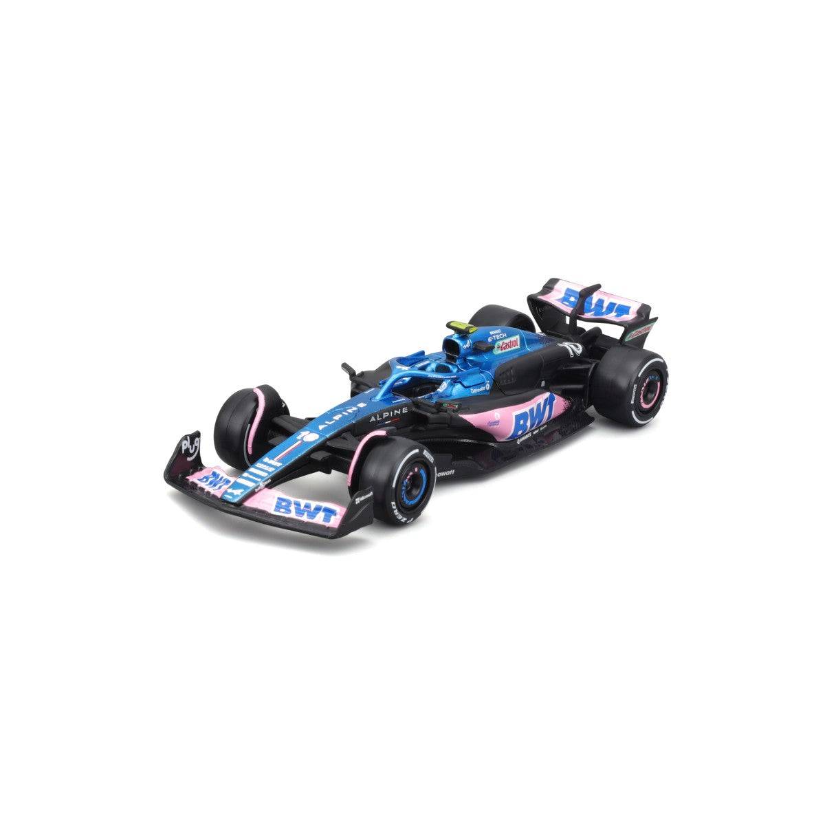 Front-left angled view of Bburago 1:43 F1 Car Model 2023 BWT Alpine F1 Team A523 #10. A perfect collectible for Formula 1 enthusiasts.