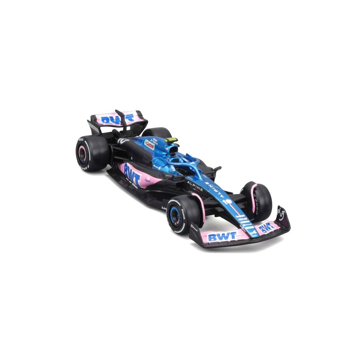 Front-right angled view of Bburago 1:43 F1 Car Model 2023 BWT Alpine F1 Team A523 #10. A detailed diecast model with realistic design.