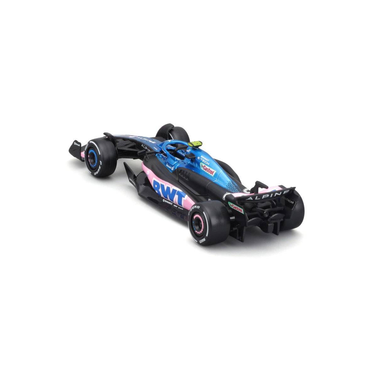Rear-left angled view of Bburago 1:43 F1 Car Model 2023 BWT Alpine F1 Team A523 #10. A finely crafted model for F1 collectors.