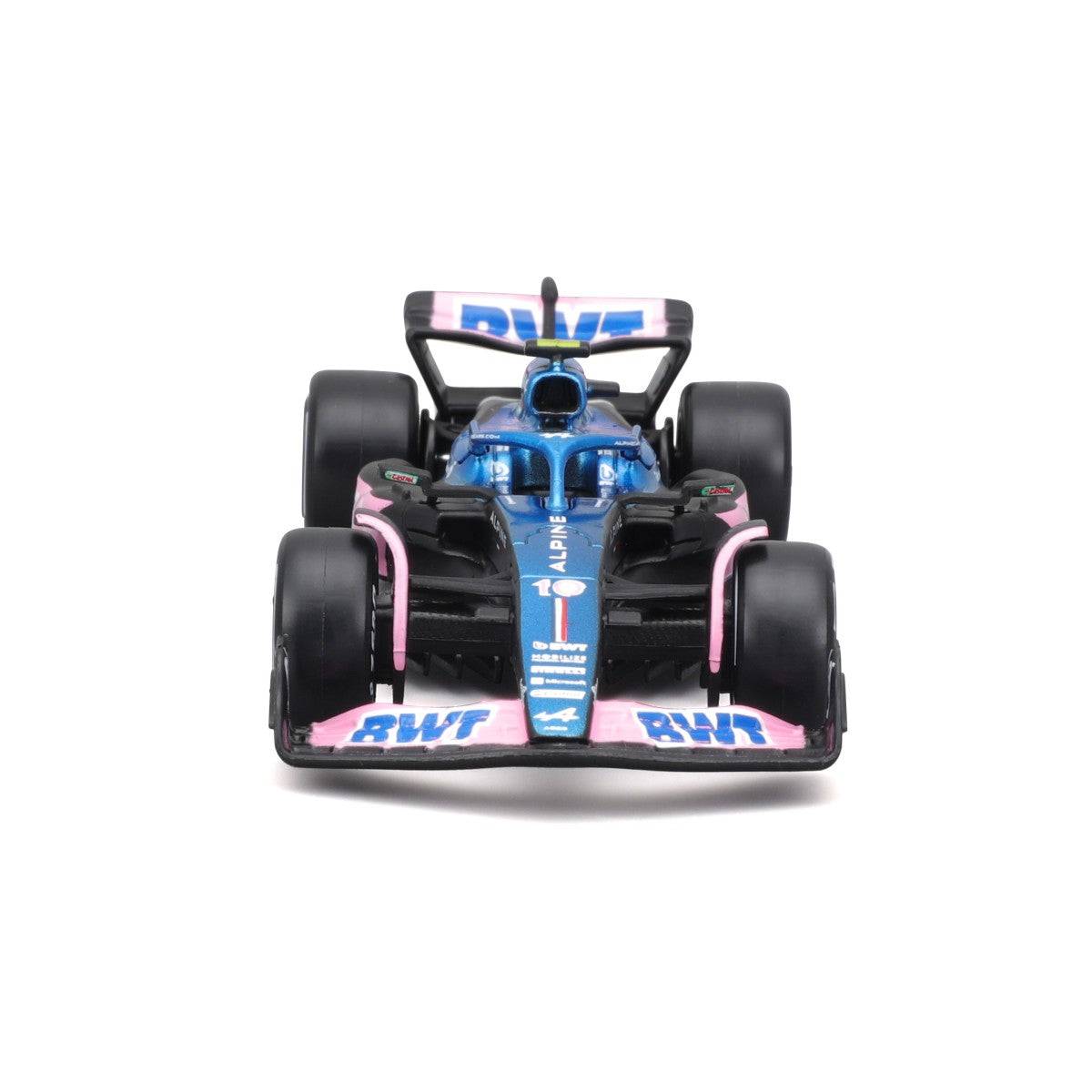 Front view of Bburago 1:43 F1 Car Model 2023 BWT Alpine F1 Team A523 #10. Showcases the aerodynamic design and sponsor details.