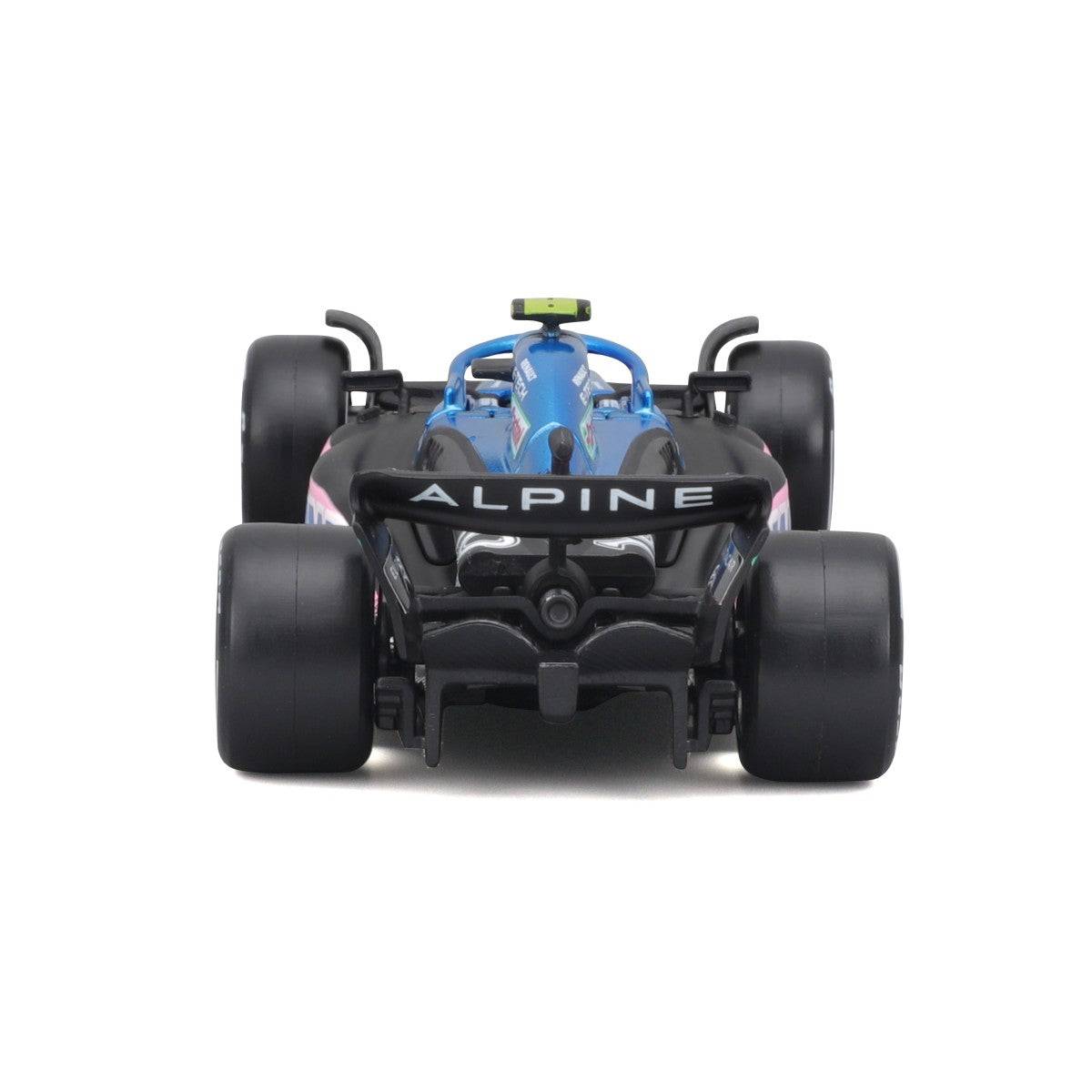 Rear view of Bburago 1:43 F1 Car Model 2023 BWT Alpine F1 Team A523 #10. Displays the Alpine branding and rear wing details.
