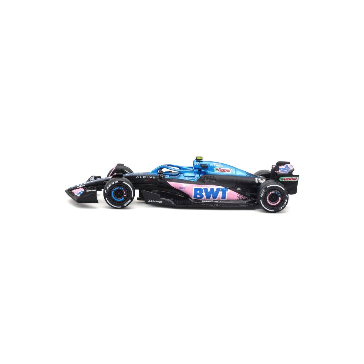 Left-side profile of Bburago 1:43 F1 Car Model 2023 BWT Alpine F1 Team A523 #10. Features authentic team livery and sponsor logos.