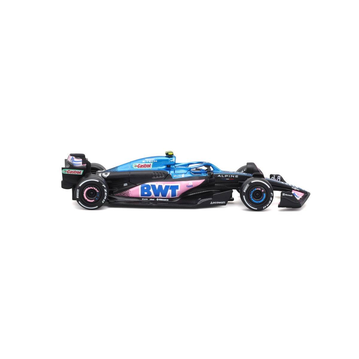Right-side profile of Bburago 1:43 F1 Car Model 2023 BWT Alpine F1 Team A523 #10. A must-have for Alpine F1 fans and collectors.