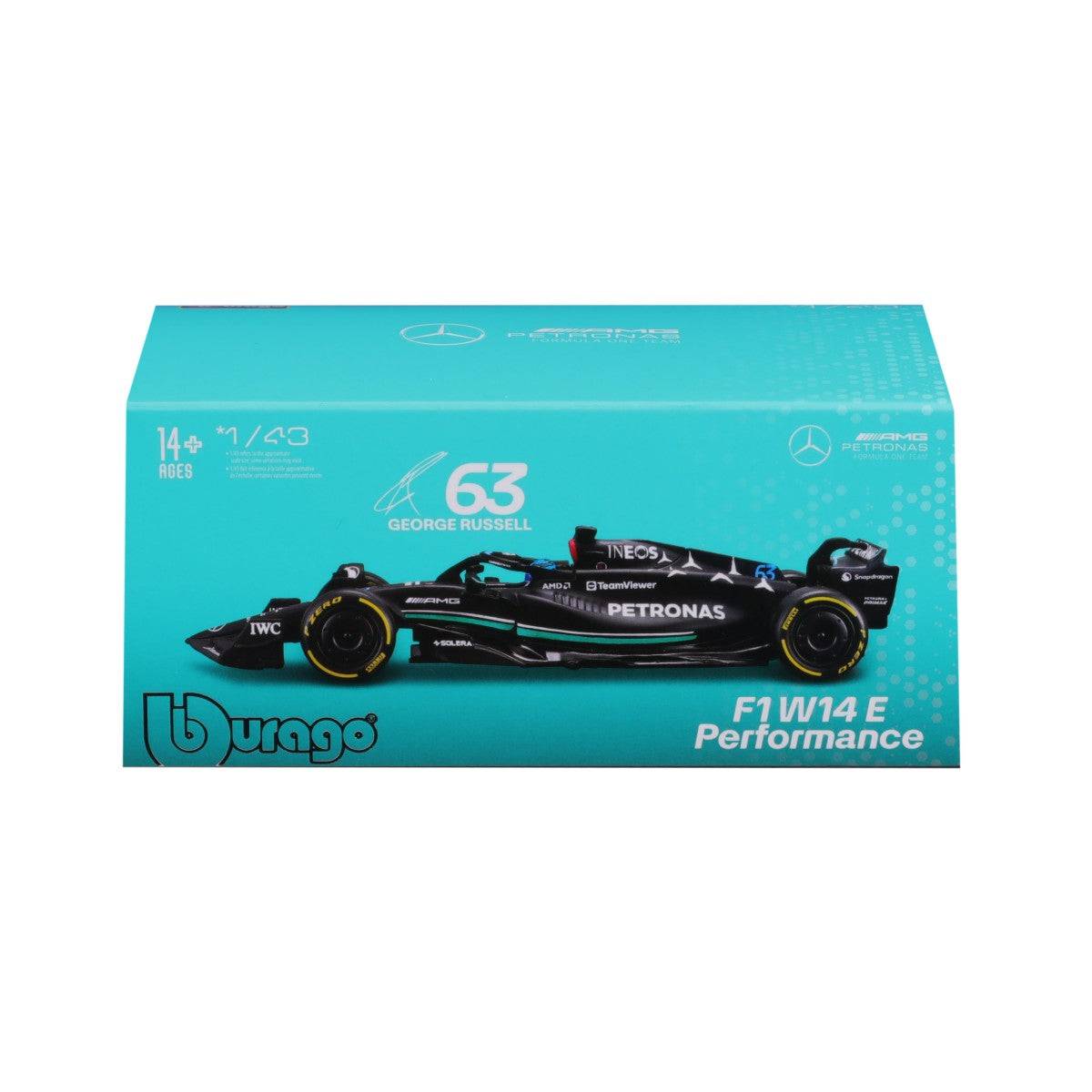 Boxed packaging of Bburago 1:43 F1 Mercedes-AMG Petronas W14 #63 George Russell, featuring vibrant blue design and product branding.
