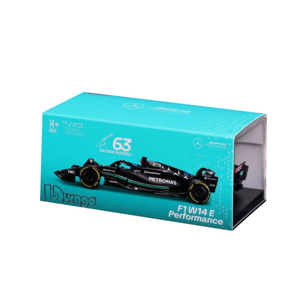 Side view of Bburago 1:43 F1 Mercedes-AMG Petronas W14 #63 George Russell in packaging, highlighting product details and branding.