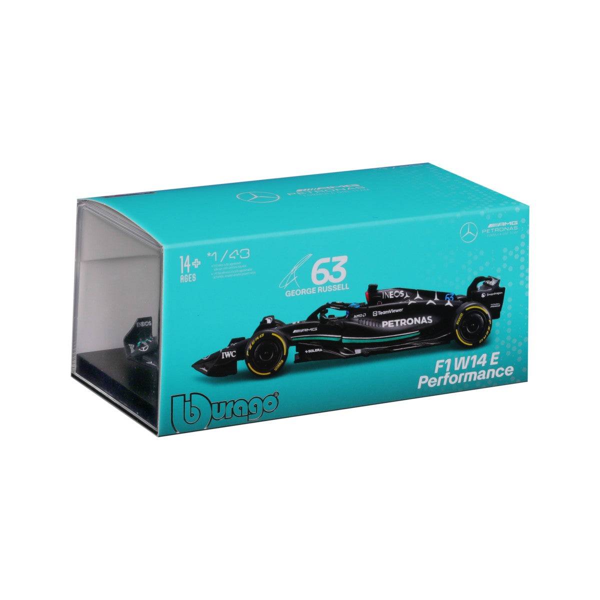 Angled view of Bburago 1:43 F1 Mercedes-AMG Petronas W14 #63 George Russell in packaging, showcasing clear display window and branding.