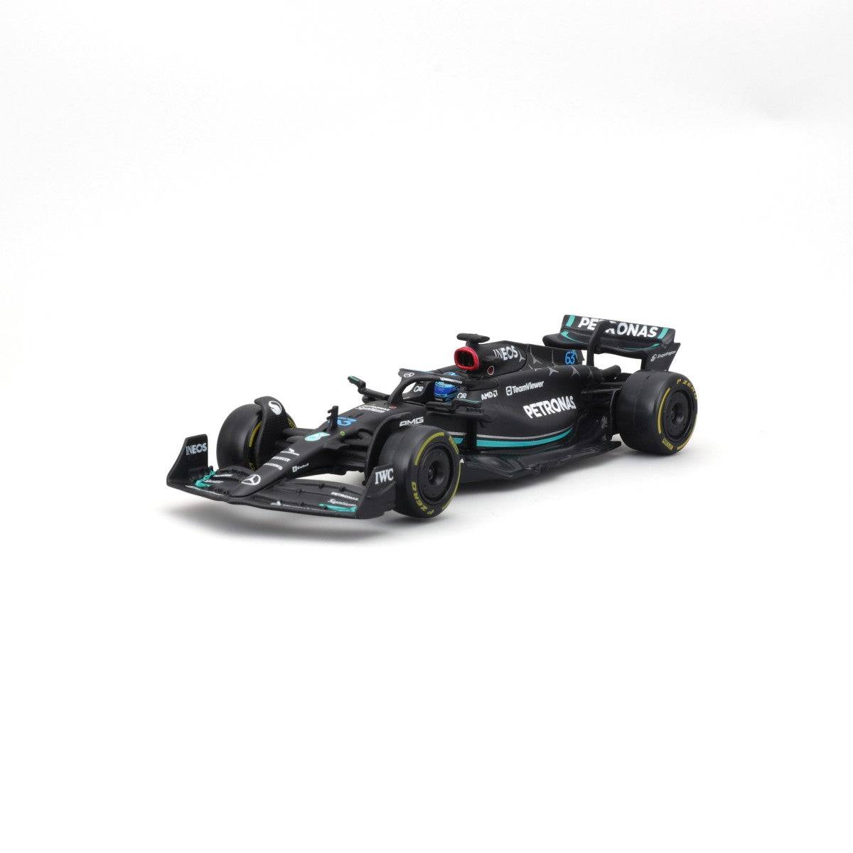 Three-quarter front-right view of Bburago 1:43 F1 Mercedes-AMG Petronas W14 #63 George Russell, showcasing realistic F1 car design.