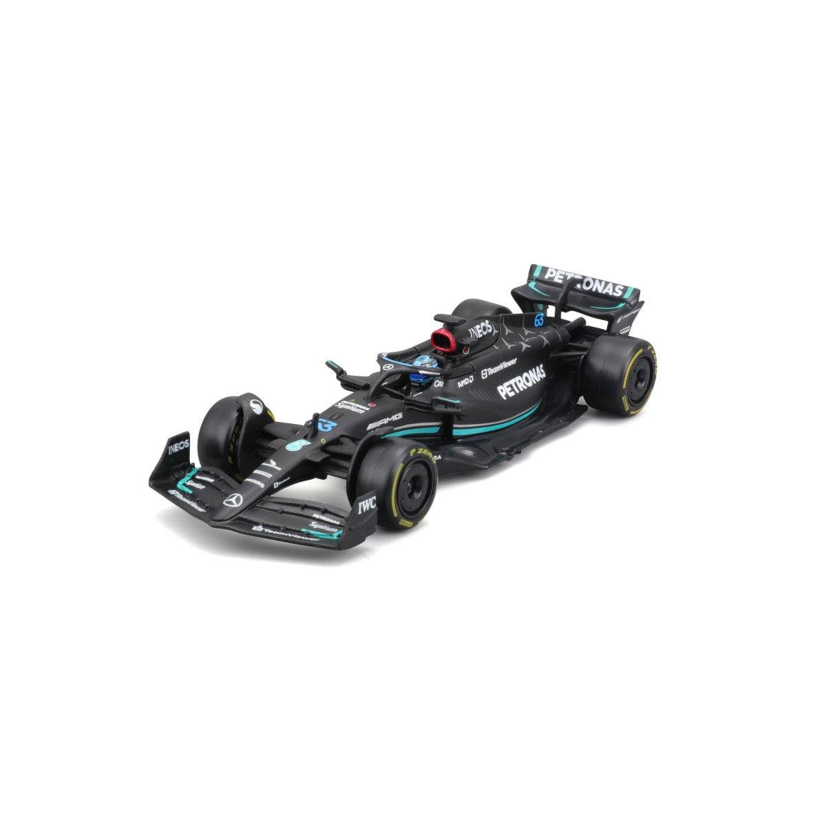 Angled front-left view of Bburago 1:43 F1 Mercedes-AMG Petronas W14 #63 George Russell, featuring black livery and intricate detailing.