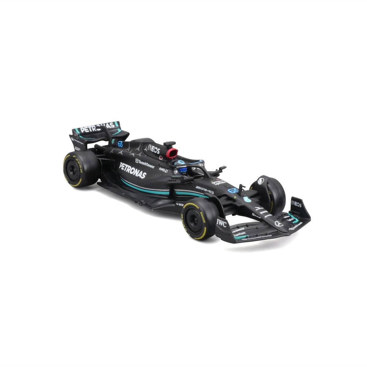 Angled front-right view of Bburago 1:43 F1 Mercedes-AMG Petronas W14 #63 George Russell, showcasing realistic design and sponsor logos.