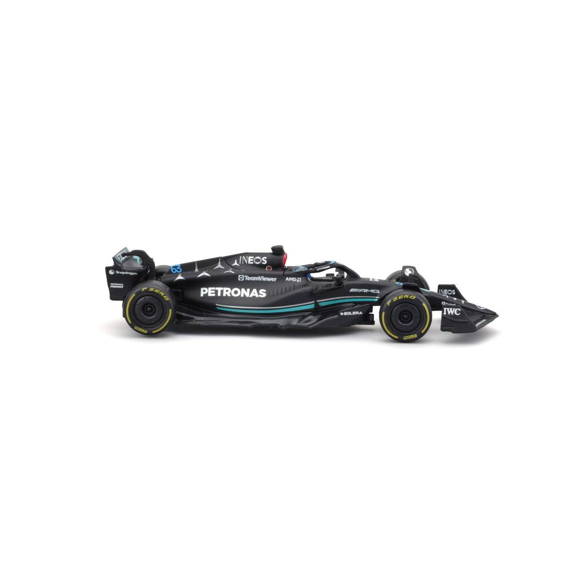 Right-side profile of Bburago 1:43 F1 Mercedes-AMG Petronas W14 #63 George Russell, highlighting aerodynamic design and sponsor decals.