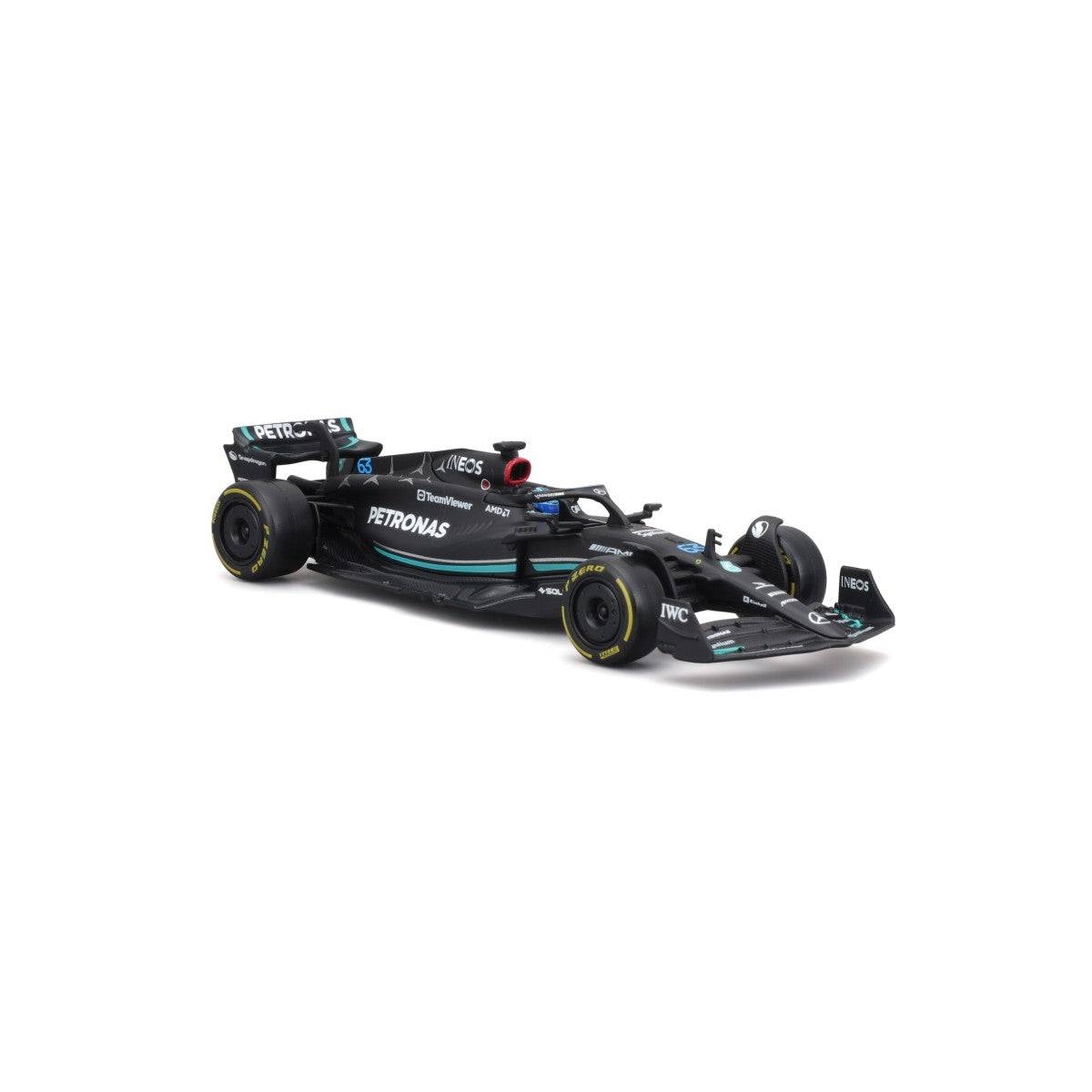 Three-quarter front-left view of Bburago 1:43 F1 Mercedes-AMG Petronas W14 #63 George Russell, emphasizing intricate diecast details.