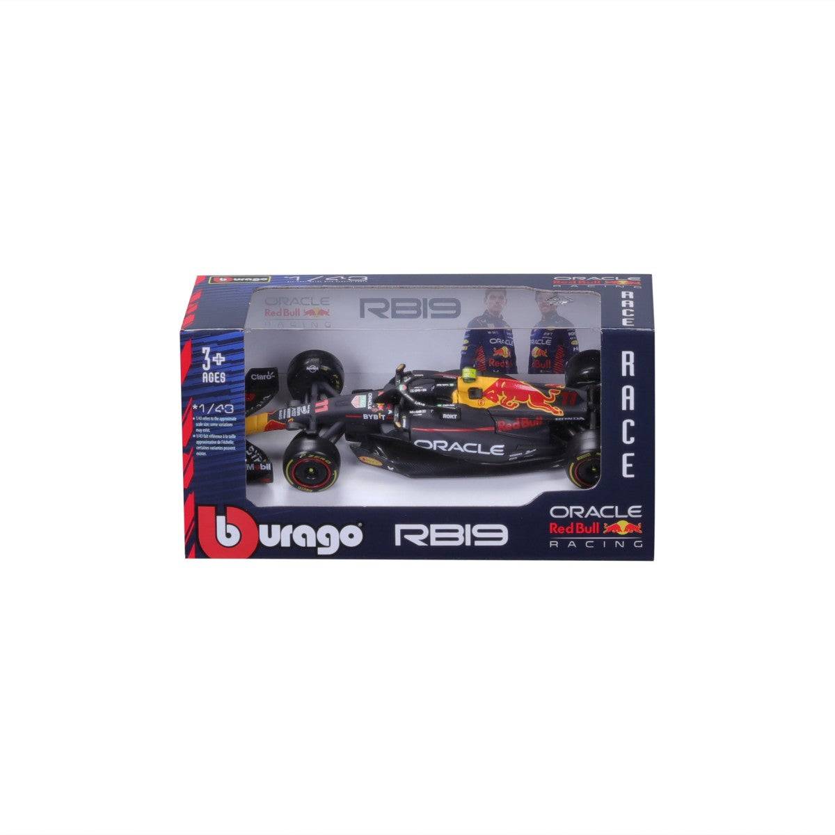 Front-facing packaged Bburago 1:43 F1 Car Model 2023 Red Bull Racing RB19 #11 Sergio Pérez, ideal for Formula 1 fans and collectors.