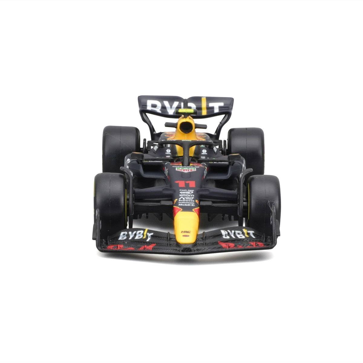 Front view of Bburago 1:43 F1 Car Model 2023 Red Bull Racing RB19 #11 Sergio Pérez, highlighting aerodynamic design and sponsor logos.