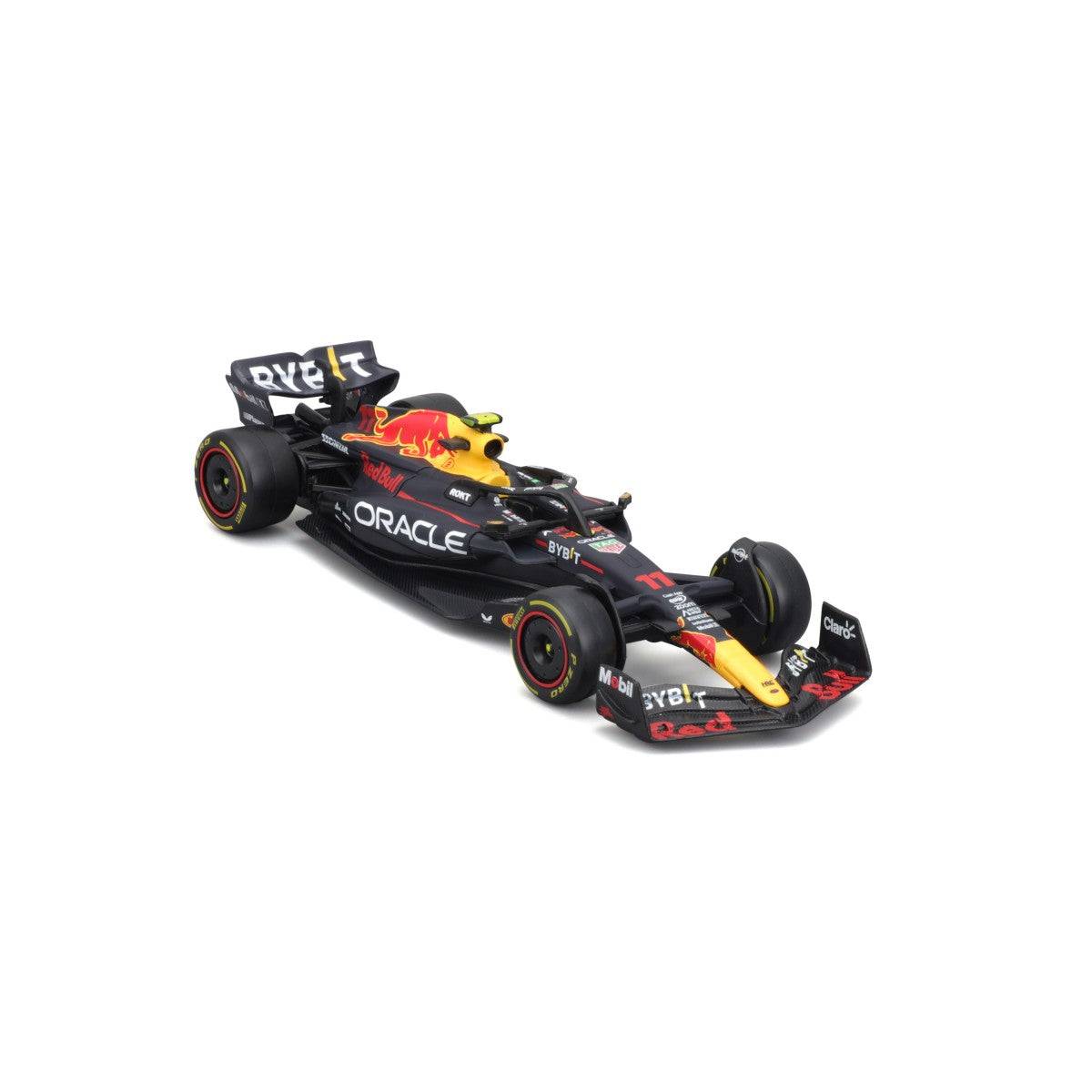 Detailed perspective of Bburago 1:43 F1 Car Model 2023 Red Bull Racing RB19 #11 Sergio Pérez, featuring Red Bull Racing's signature design.