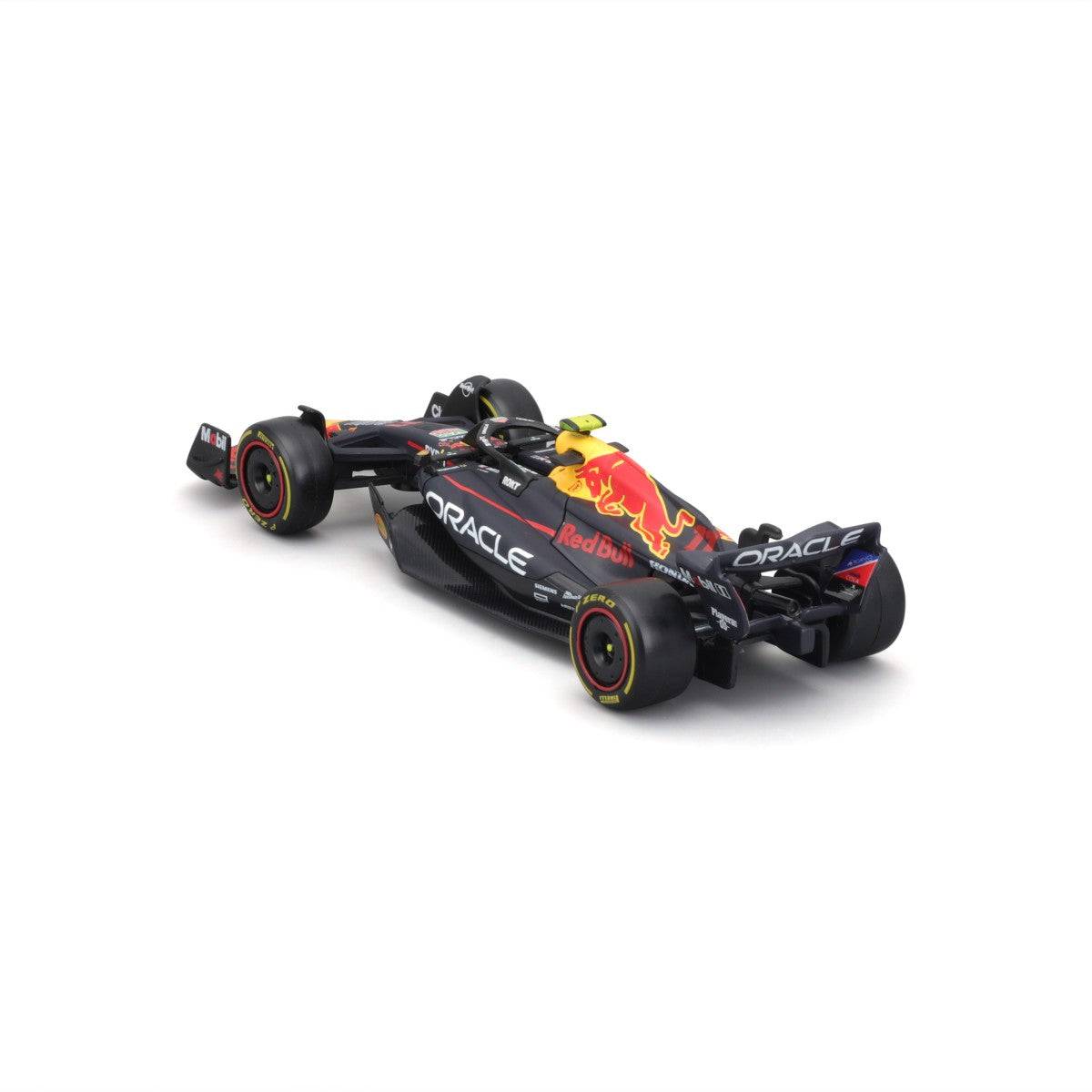 Rear three-quarter view of Bburago 1:43 F1 Car Model 2023 Red Bull Racing RB19 #11 Sergio Pérez, showcasing aerodynamic rear wing and tires.
