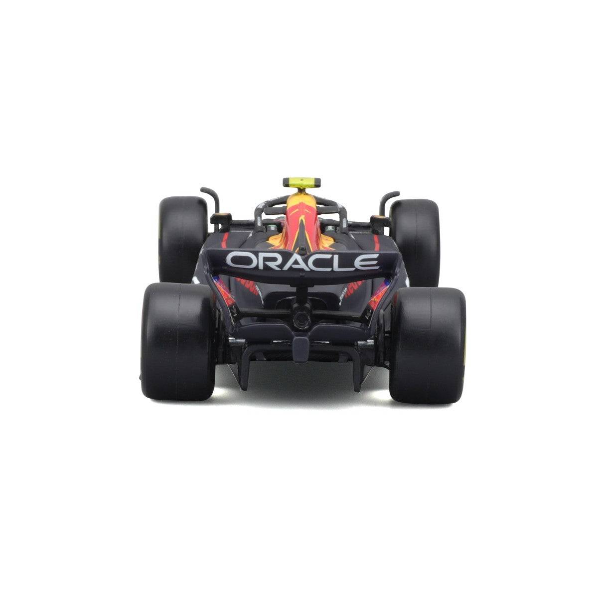 Rear view of Bburago 1:43 F1 Car Model 2023 Red Bull Racing RB19 #11 Sergio Pérez, showcasing Oracle branding and rear wing details.