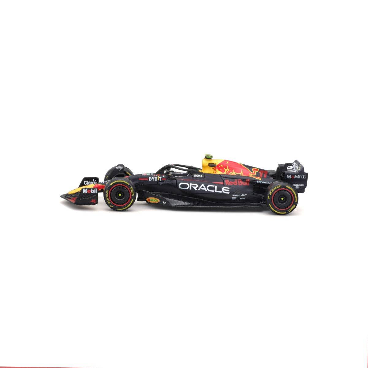 Side profile of Bburago 1:43 F1 Car Model 2023 Red Bull Racing RB19 #11 Sergio Pérez, featuring authentic Red Bull Racing livery.