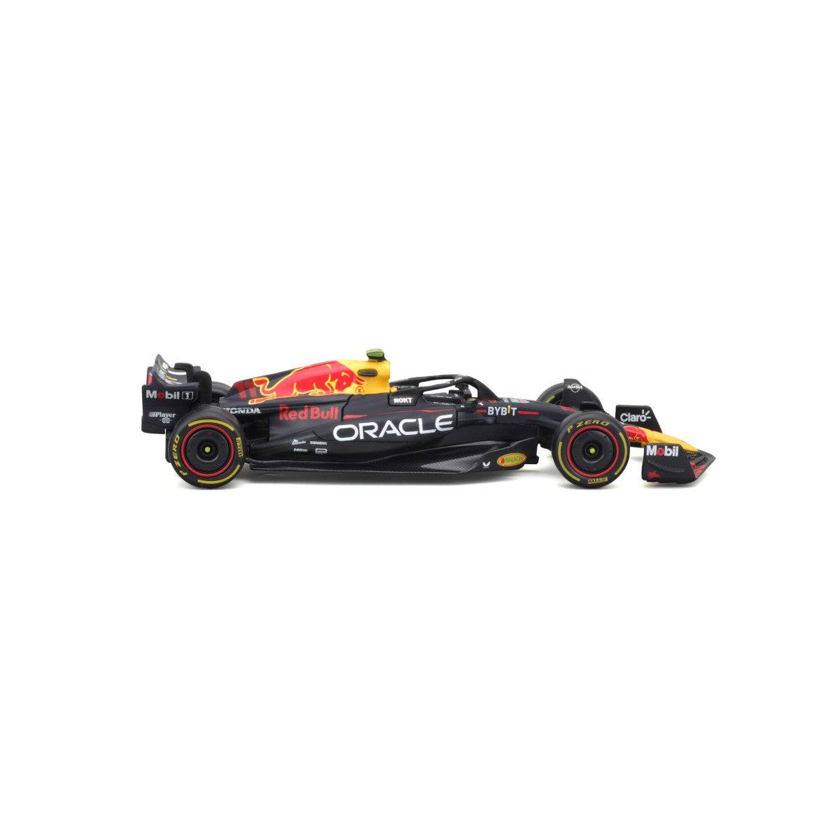 Opposite side view of Bburago 1:43 F1 Car Model 2023 Red Bull Racing RB19 #11 Sergio Pérez, displaying intricate sponsor decals.