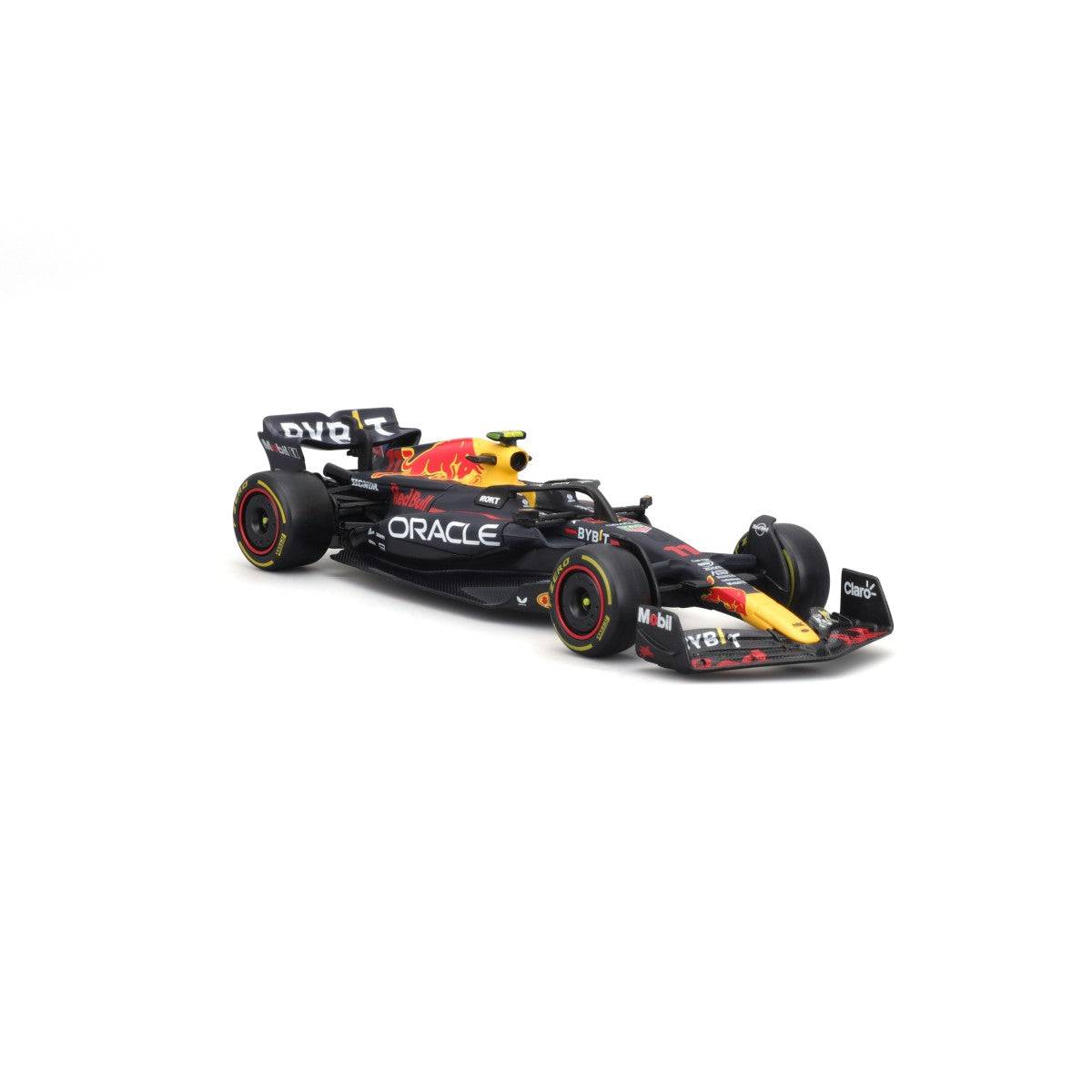 Angled front-left view of Bburago 1:43 F1 Car Model 2023 Red Bull Racing RB19 #11 Sergio Pérez, capturing detailed diecast craftsmanship.