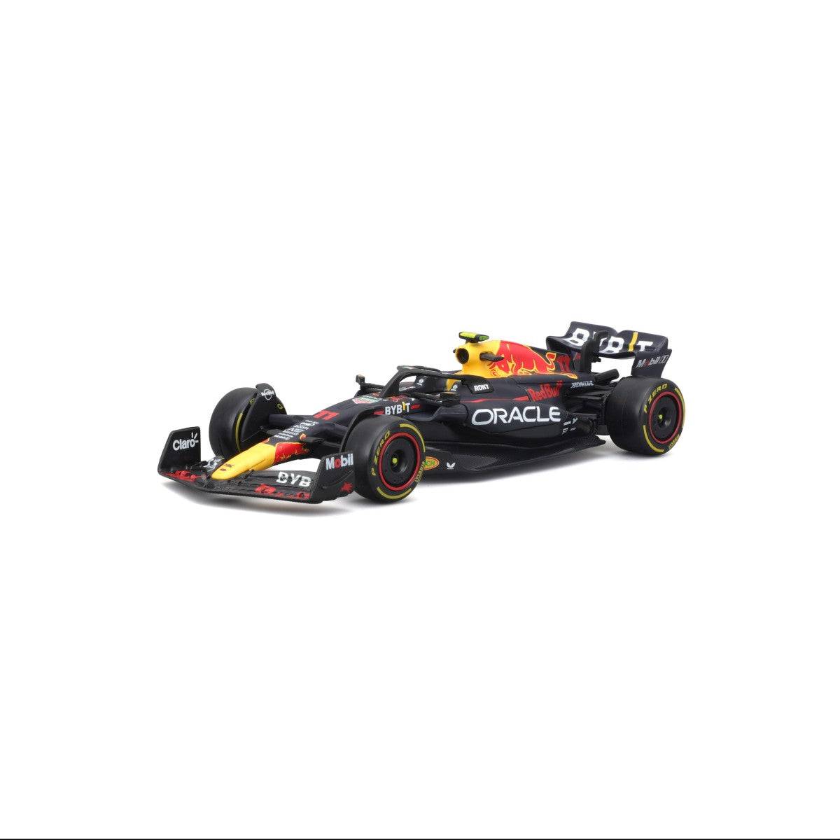 Angled front-right view of Bburago 1:43 F1 Car Model 2023 Red Bull Racing RB19 #11 Sergio Pérez, emphasizing realistic F1 car aesthetics.