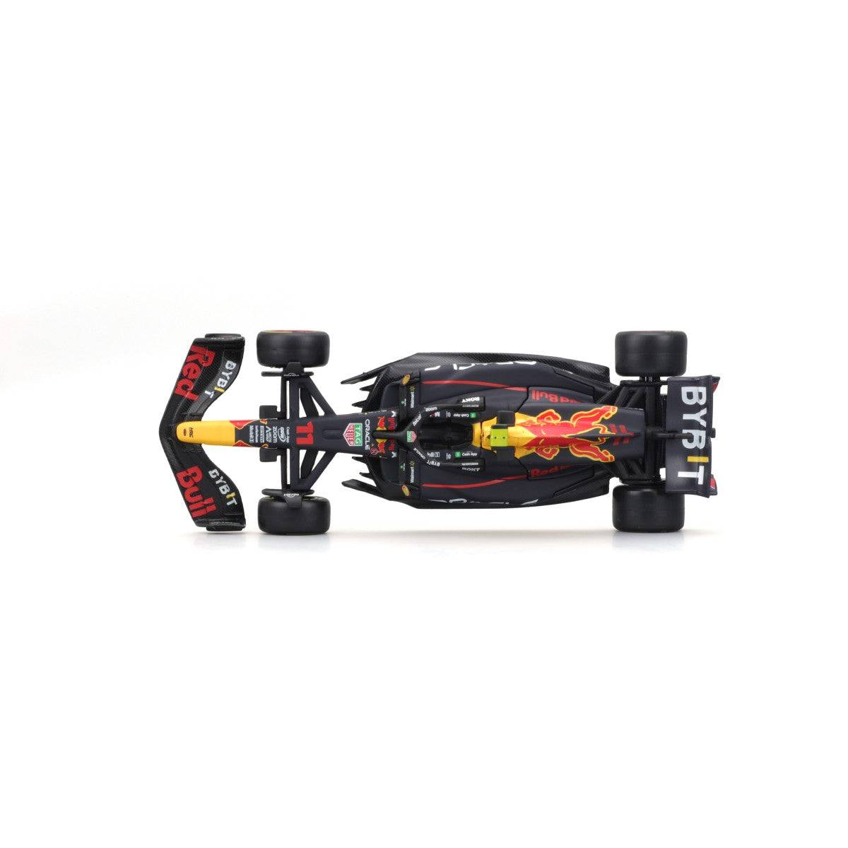 Top-down view of Bburago 1:43 F1 Car Model 2023 Red Bull Racing RB19 #11 Sergio Pérez, highlighting aerodynamic structure and sponsor logos.