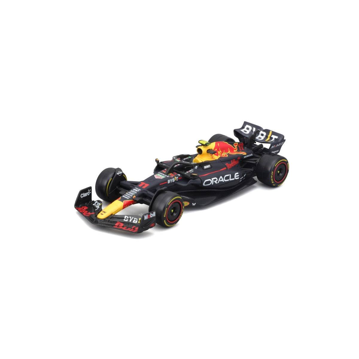 Close-up angled view of Bburago 1:43 F1 Car Model 2023 Red Bull Racing RB19 #11 Sergio Pérez, perfect for F1 enthusiasts and collectors.