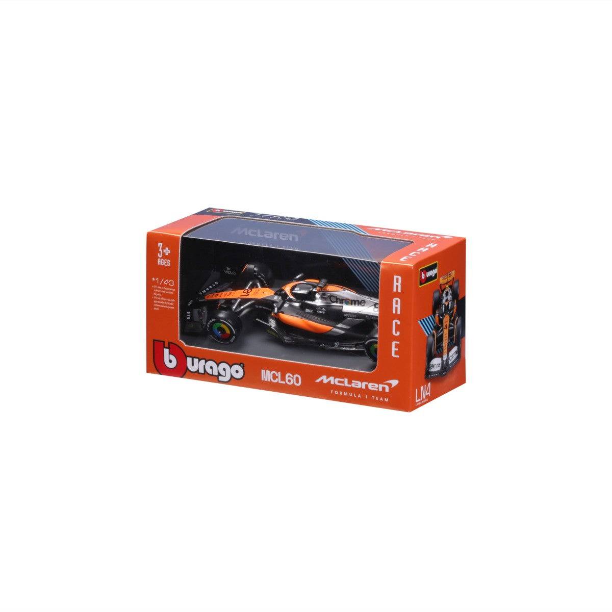 Angled packaging view of the Bburago 1:43 F1 Car Model 2023 McLaren MCL60 #81 Oscar Piastri. A high-quality diecast model for F1 enthusiasts.