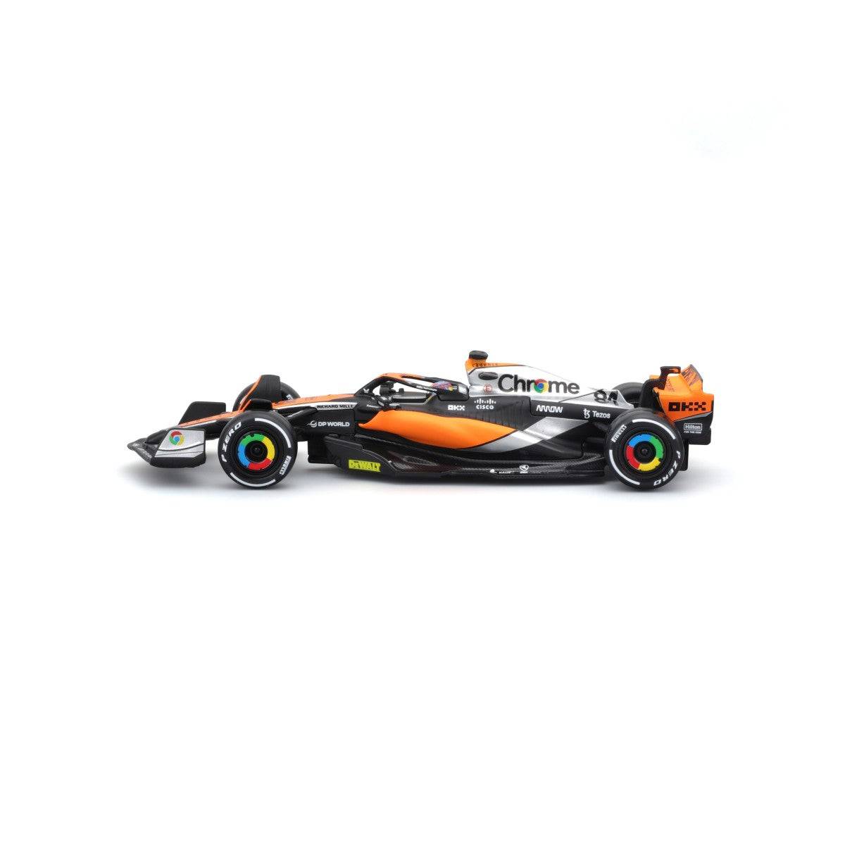 Side view of the Bburago 1:43 F1 Car Model 2023 McLaren MCL60 #81 Oscar Piastri. A high-quality diecast model for F1 and McLaren fans.