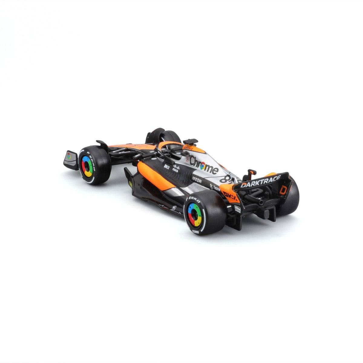 Rear angled view of the Bburago 1:43 F1 Car Model 2023 McLaren MCL60 #81 Oscar Piastri. A perfect collectible for McLaren and F1 fans.