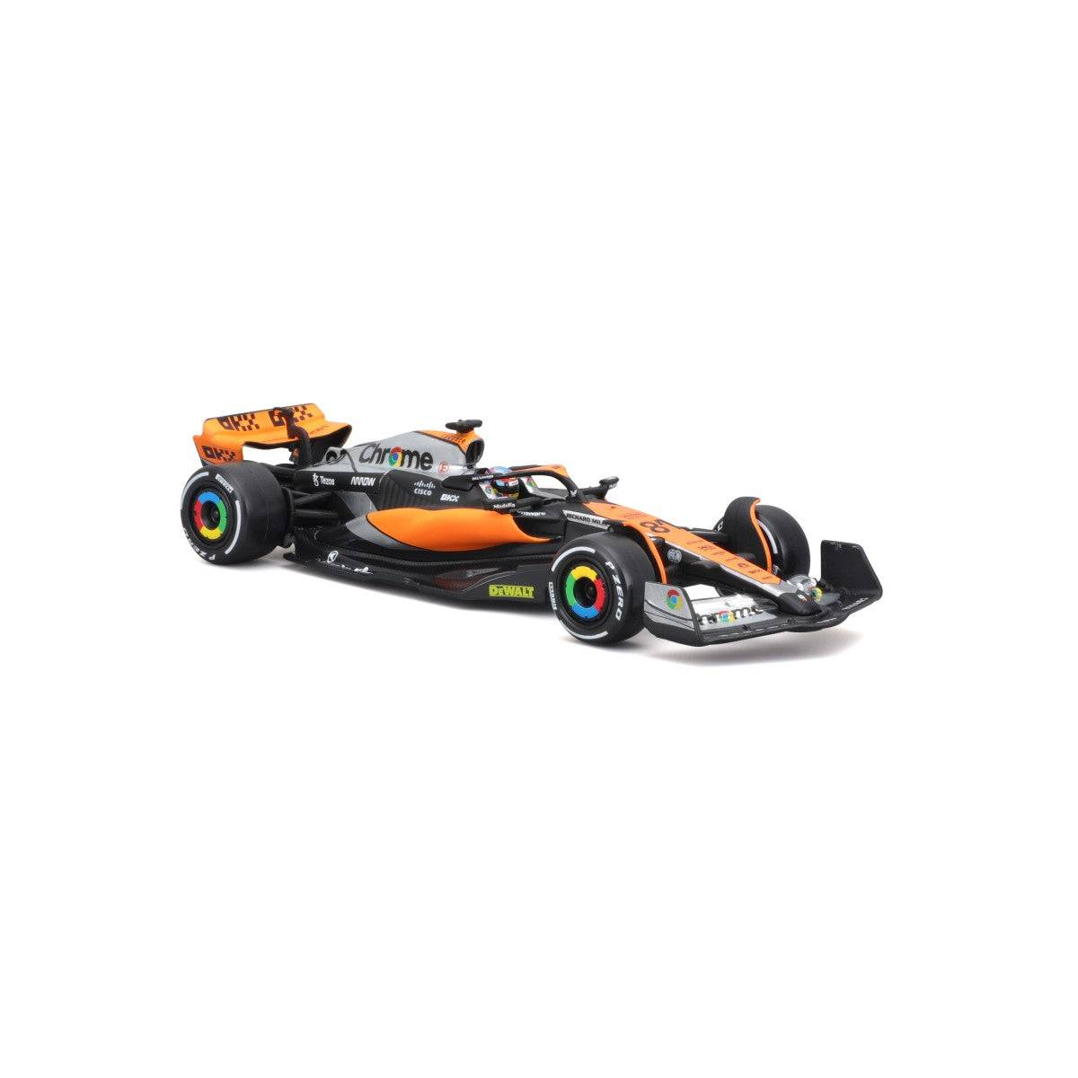 Angled side-front view of the Bburago 1:43 F1 Car Model 2023 McLaren MCL60 #81 Oscar Piastri. A must-have for diecast model collectors.