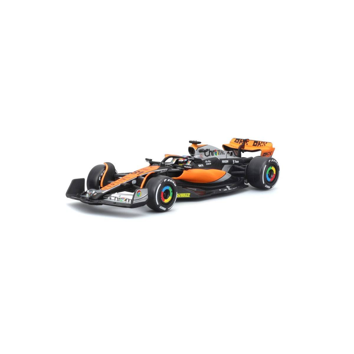 Angled side-rear view of the Bburago 1:43 F1 Car Model 2023 McLaren MCL60 #81 Oscar Piastri. Features intricate details and realistic paintwork.