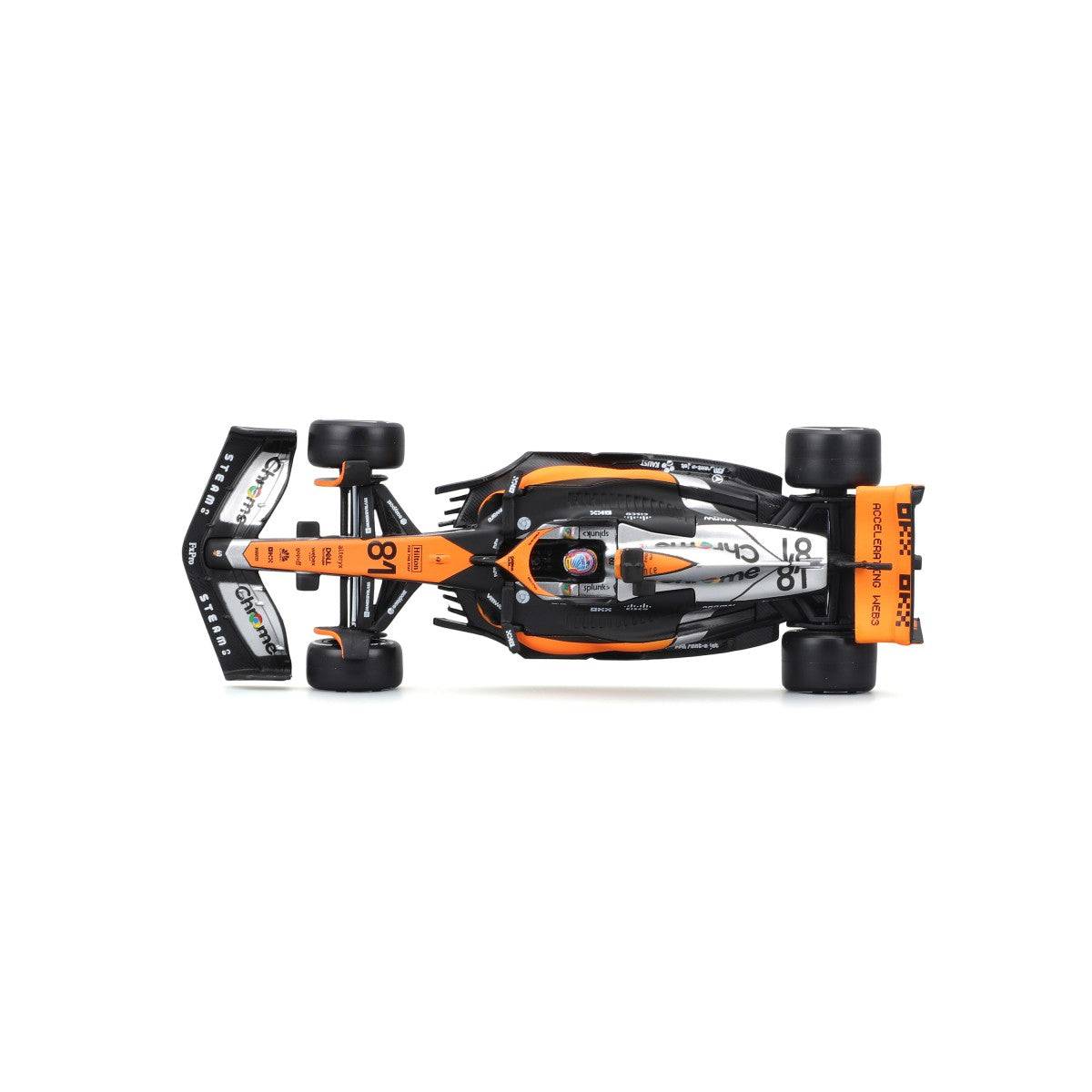 Top-down view of the Bburago 1:43 F1 Car Model 2023 McLaren MCL60 #81 Oscar Piastri. Showcases detailed livery and aerodynamic elements.